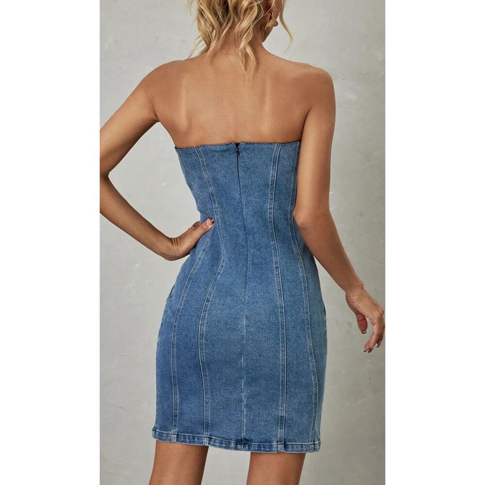 NWT Altar’d State Denim Strapless Mini Dress Size L - Picture 2 of 2